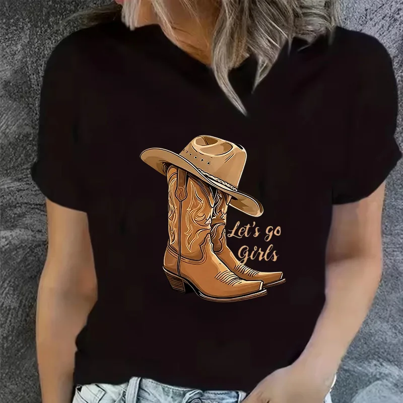 Women's Cowboy Boots and Hat Monogram Print Black T Shirt Casual Graphic Tshirt Tops Fashion Crew Neck Short Sleeve T-Shirt