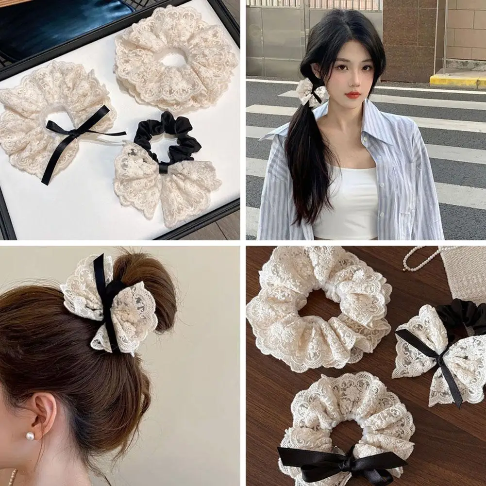 Women Flower Lolita Lace Scrunchies Two Layer Oversized Ties Hair Hair Rope French Accessories Hair Ponytail Holder La Q4f7