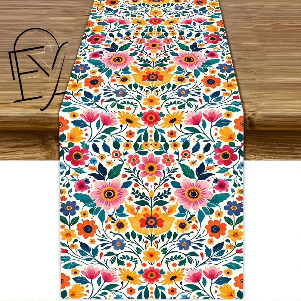 Linen Table Runner Off White Spring Highl Cow with Wildflowers Floral Table Decor Party