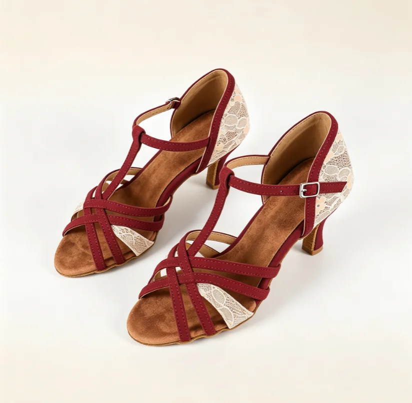 Women's Latin Dance Shoes Red Lace Splicing T‑Bar Salsa Tango Ballroom Dancing Shoes Girls Sneaker Party Dance Footwear Sandals