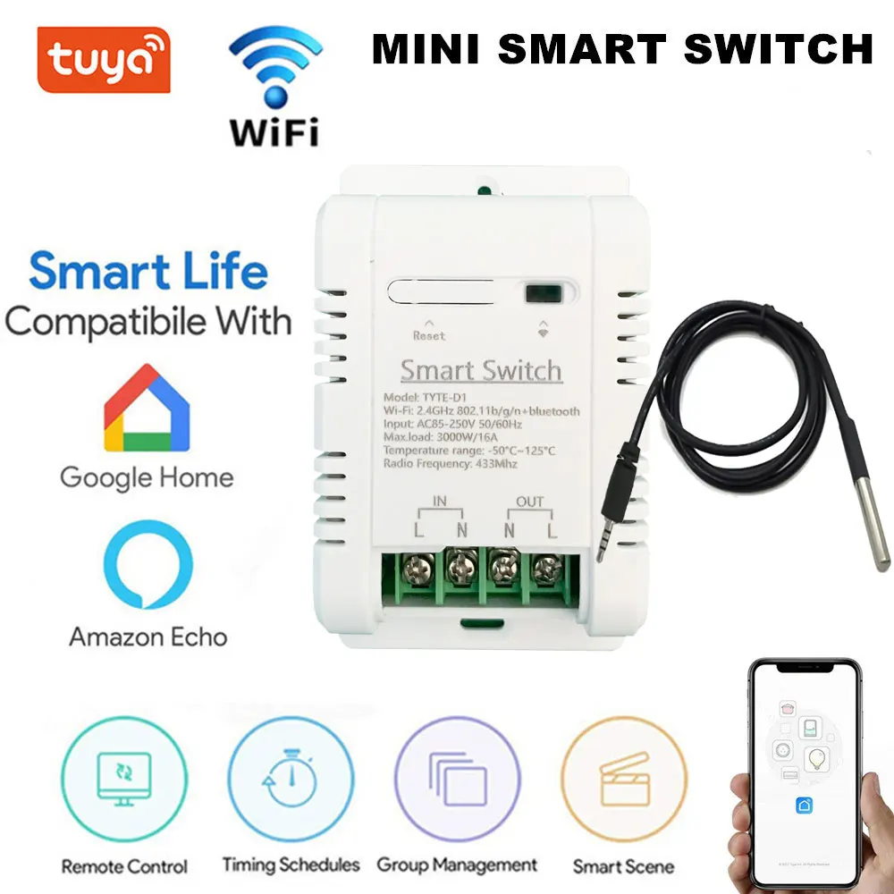 Tuya TH-16 Smart Wifi Switch 16A/3000W Monitoring Temperature Sensor RF433 remote Control Compatible with Alexa Google Home