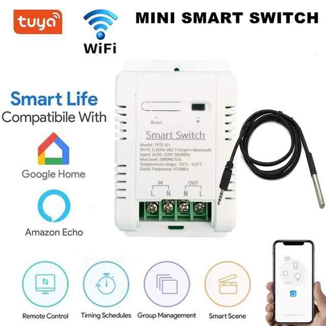 Tuya TH-16 inteligentny przełącznik Wifi 16A/3000W monitorowanie czujnik temperatury RF433 pilot kompatybilny z Alexa Google Home