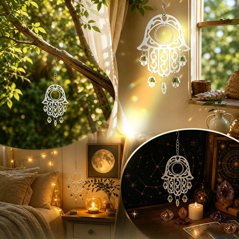 Bohemian Stainless Steel Hamsa Hand Crystal Suncatcher Stainless Steel Evil Eye Hanging Ornament for Garden Home Decor Gift