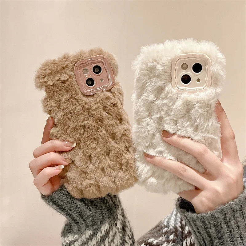 Cute Warm Winter Plush Fur Back Cover for Huawei Mate 60 Pro Mate50 40 30 Pro Plush Hair Fluff Toy Soft Stand Phone Case Cover