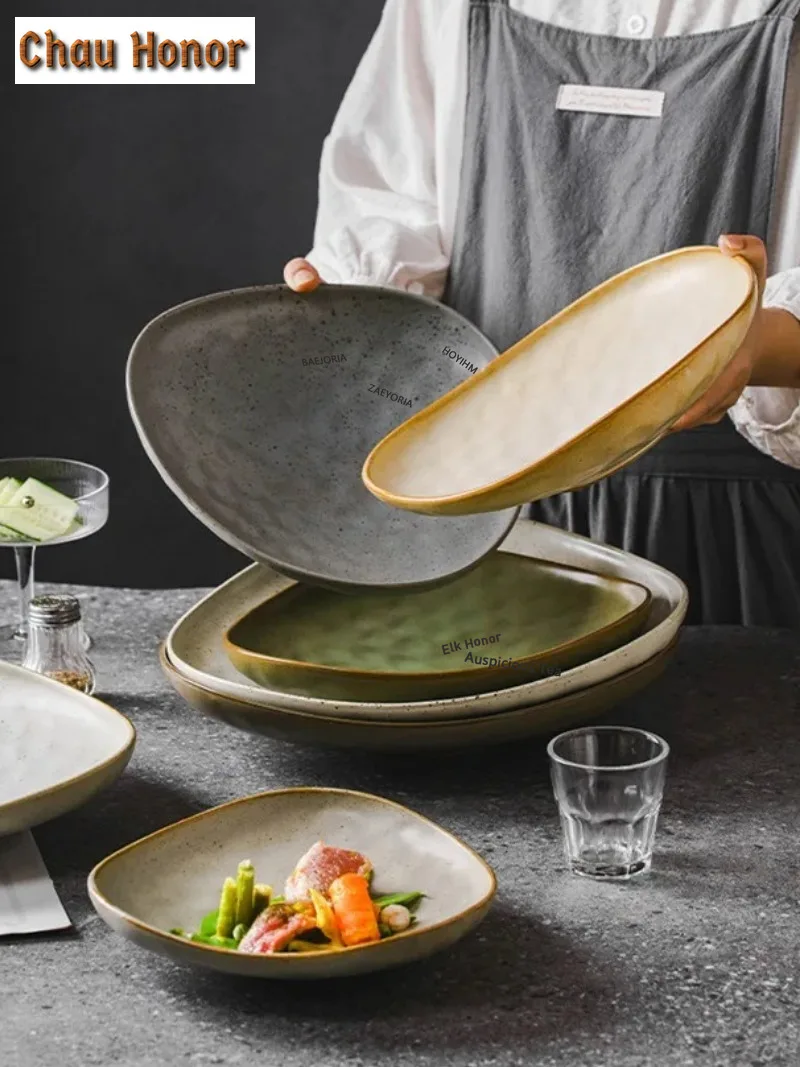 ZAEYORIA Creative Triangle Shaped Western Restaurant Beef Steak Plate Coarse Pottery Dessert Salad Fruit Ceramic Dinnerware