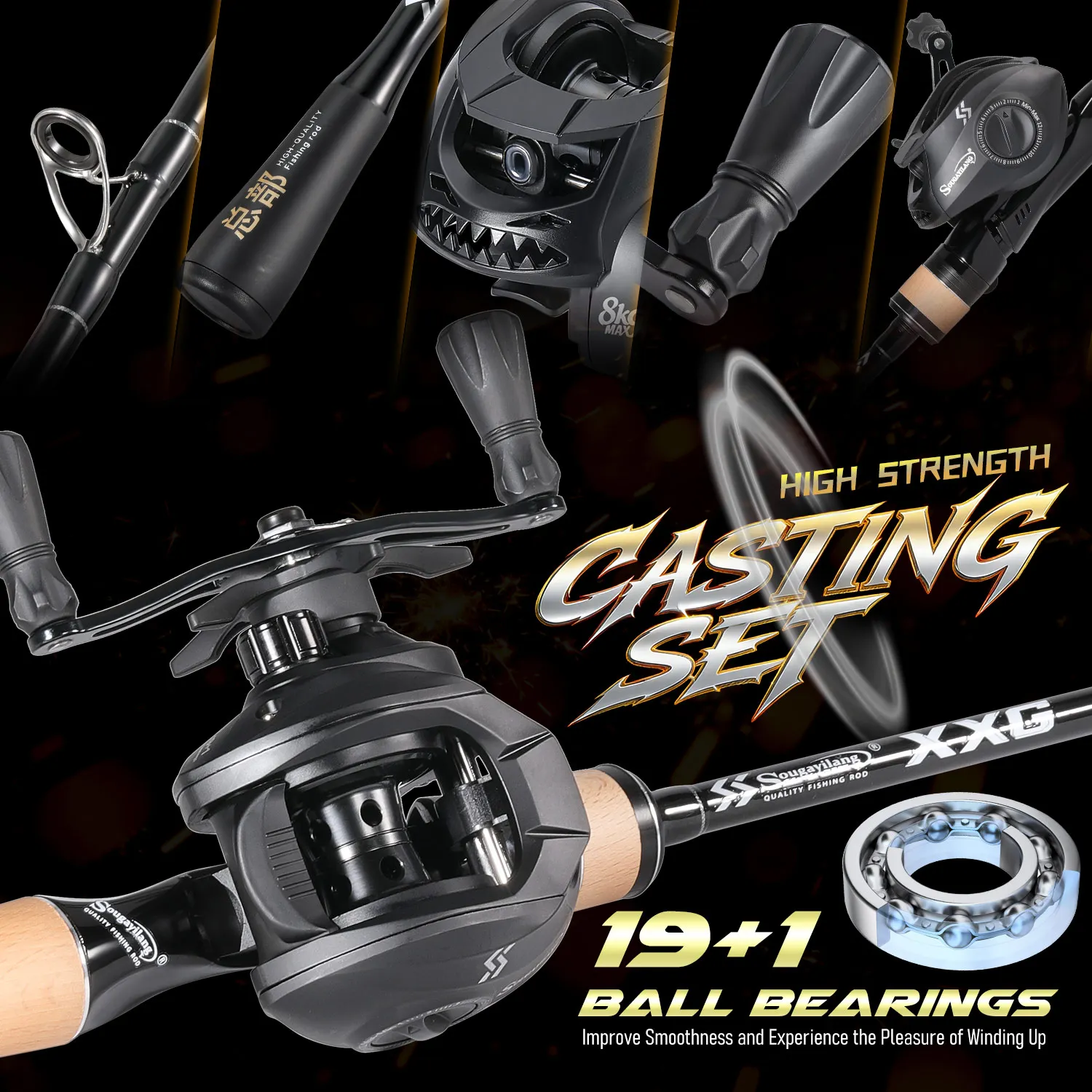 Sougayilang Angelrute und Rollen-Kombination, 1,8 m, leichte Vollcarbon-Angelrute, 6,3:1 Übersetzungsverhältnis, Baitcasting-Rolle, 8 kg maximale Zugkraft – Detail 9