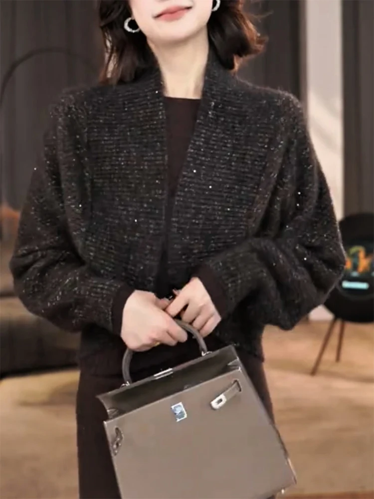 

Chic Knitted Sequin Open Cardigan Lazy Sle Autumn Winter New plus Size Ele Slimming Versatile Top Women's Camere Sweater