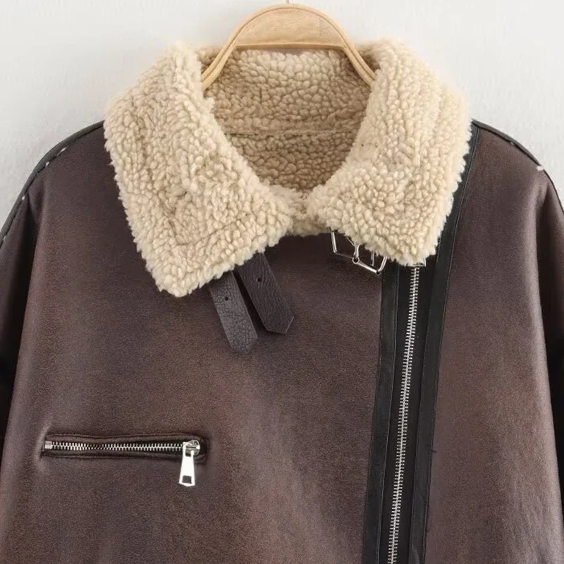 Faux Leather Loose Lady Jacket Cool Moto Street Style Lapel PU Coat Famale Fashion Streetwear Solid Winter Women Warm Outerwear