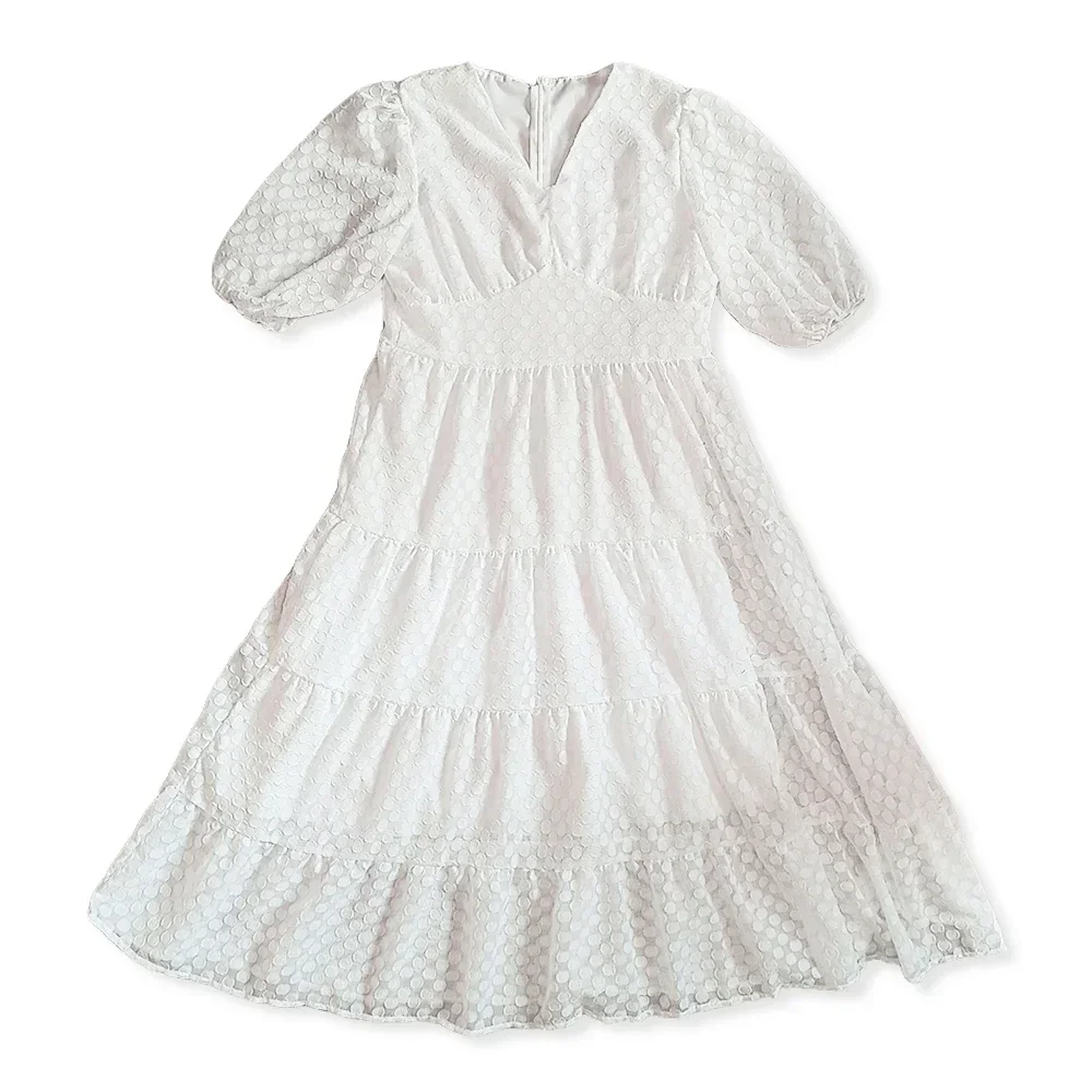 فساتين للنساء ريترو ربيع وصيف المرأة الجديدة الخامس الرقبة فقاعة الأكمام عالية الخصر تصميم الدانتيل خياطة التطريز ألف كلمة اللباس