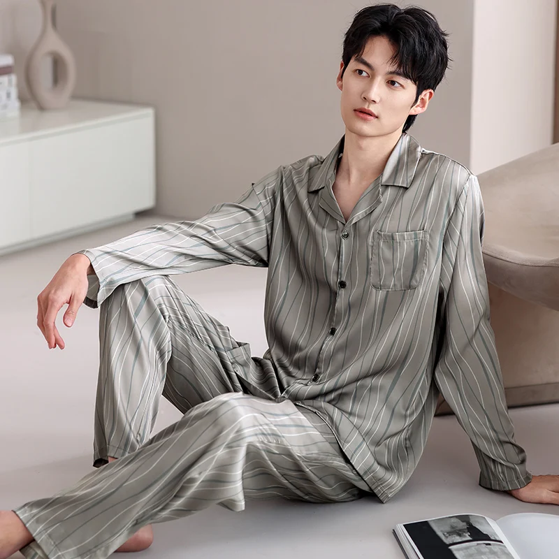 

Men's Home Suits Long-sleeved Trousers Suits Autumn And Spring Pijamas Hombre Rayon Satin Fashion Print Design Pajamas For Male