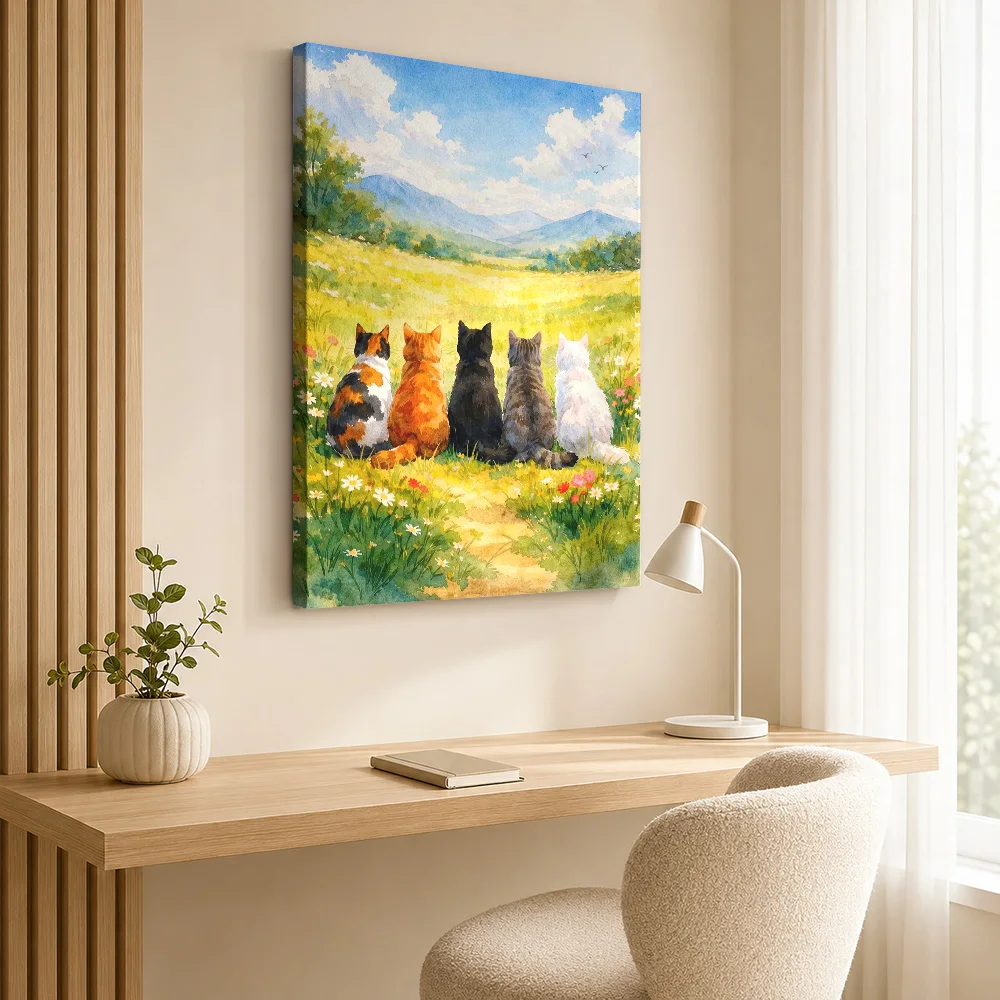 Five Cats Admiring A Landscape Canvas Print Customized Photo Detailed Painterly Composition Wall Art For Pet Grooming Studio