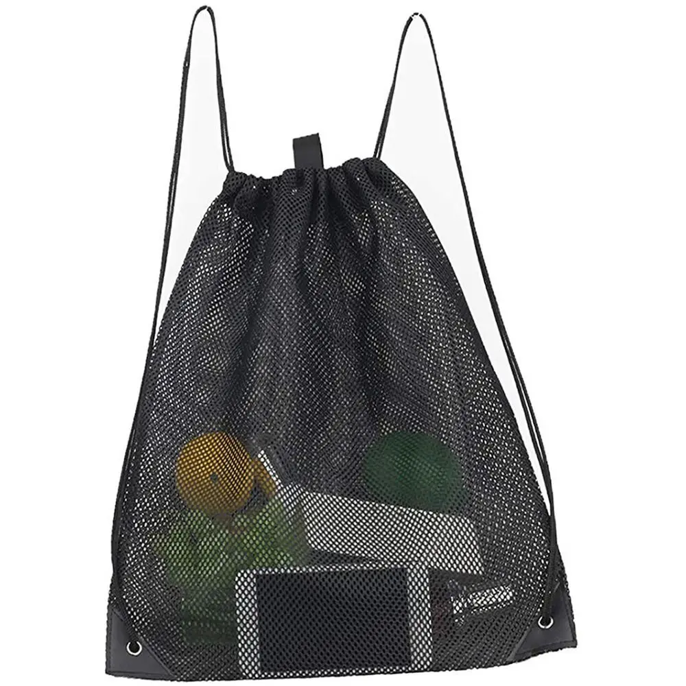 Drawstring Mesh Bags Black Outdoor Portable Gym Sports Backpack Basketball Storage Pouch Beach Use Bag