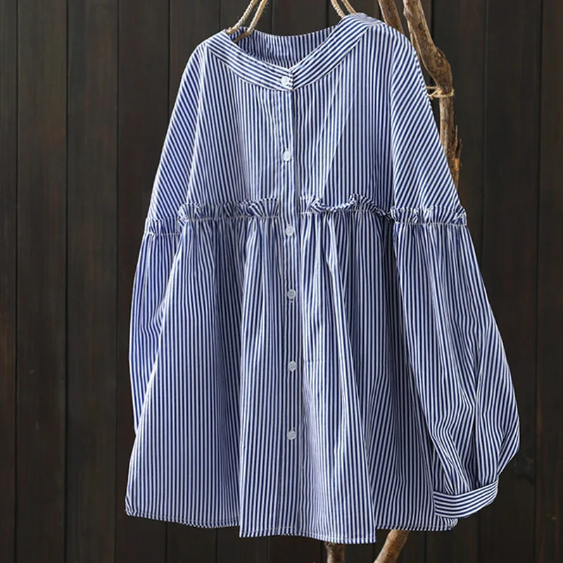 

[Ready Stock] High Quality Women 100% Cotton Blouse Shirt Long Sleeve Spring New Fungus Ruffles Edge Loose Stripes Blouses Top