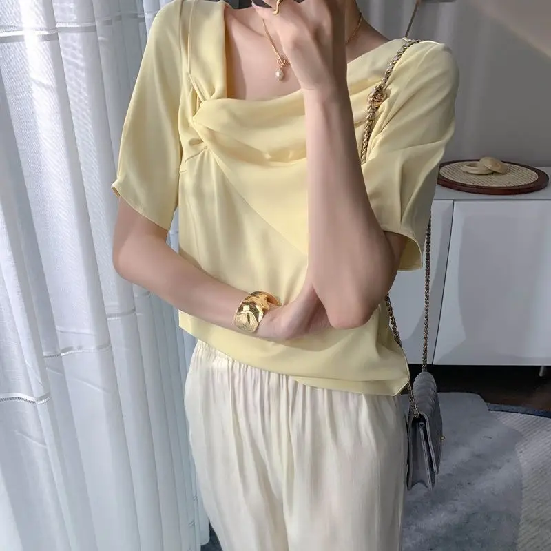 All-match Youth White Pleated Shirt Tops Summer New Trend Short Sleeve Solid Color Elegant Blouse Fashion Korean Women Clothing