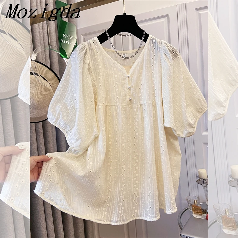 

Oversize Chiffon Summer French Bubble Sleeve V-Neck T Shirt Blouse Women Unique Exquisite Lace Ladies Blouse Tops