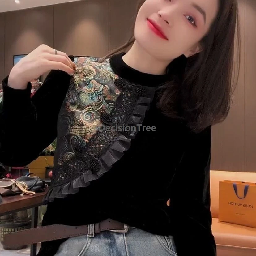 

2025 модный улучшенный топ Ципао, популярный лоскутный винтажный топ в китайском стиле с вышивкой, высококачественная темпераментная бархатная блузка