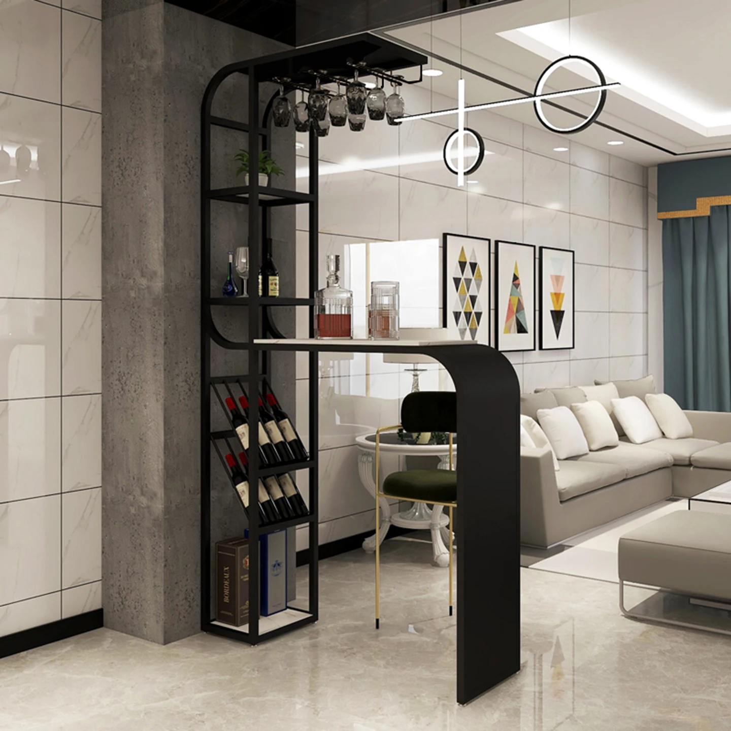 

Light luxury rock slab living room bar household creative entrance wine cabinet bar table integrated against the wall high table