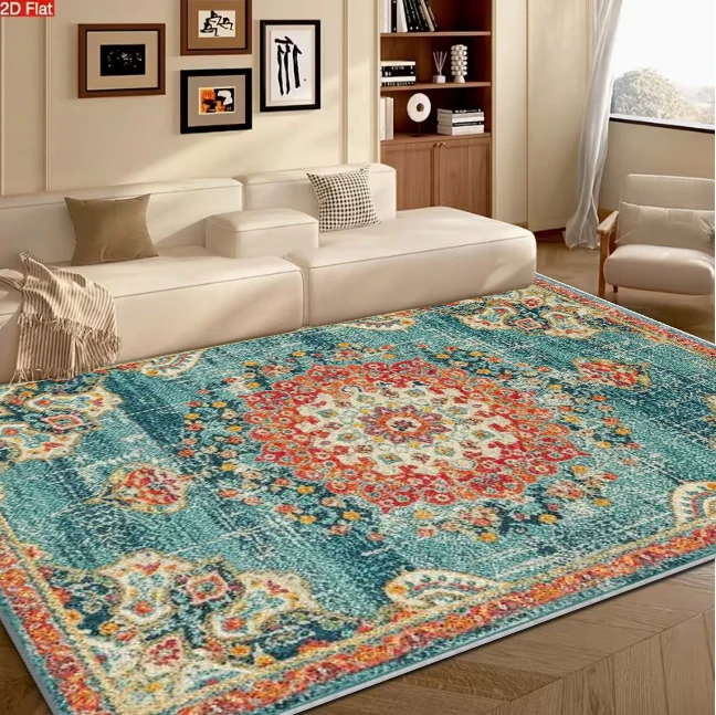 Teal Green Boho Vintage Square Area Rug Ornate Faded Medallion Floral Non-Slip Carpet for Living Room Bohemian Home Decor