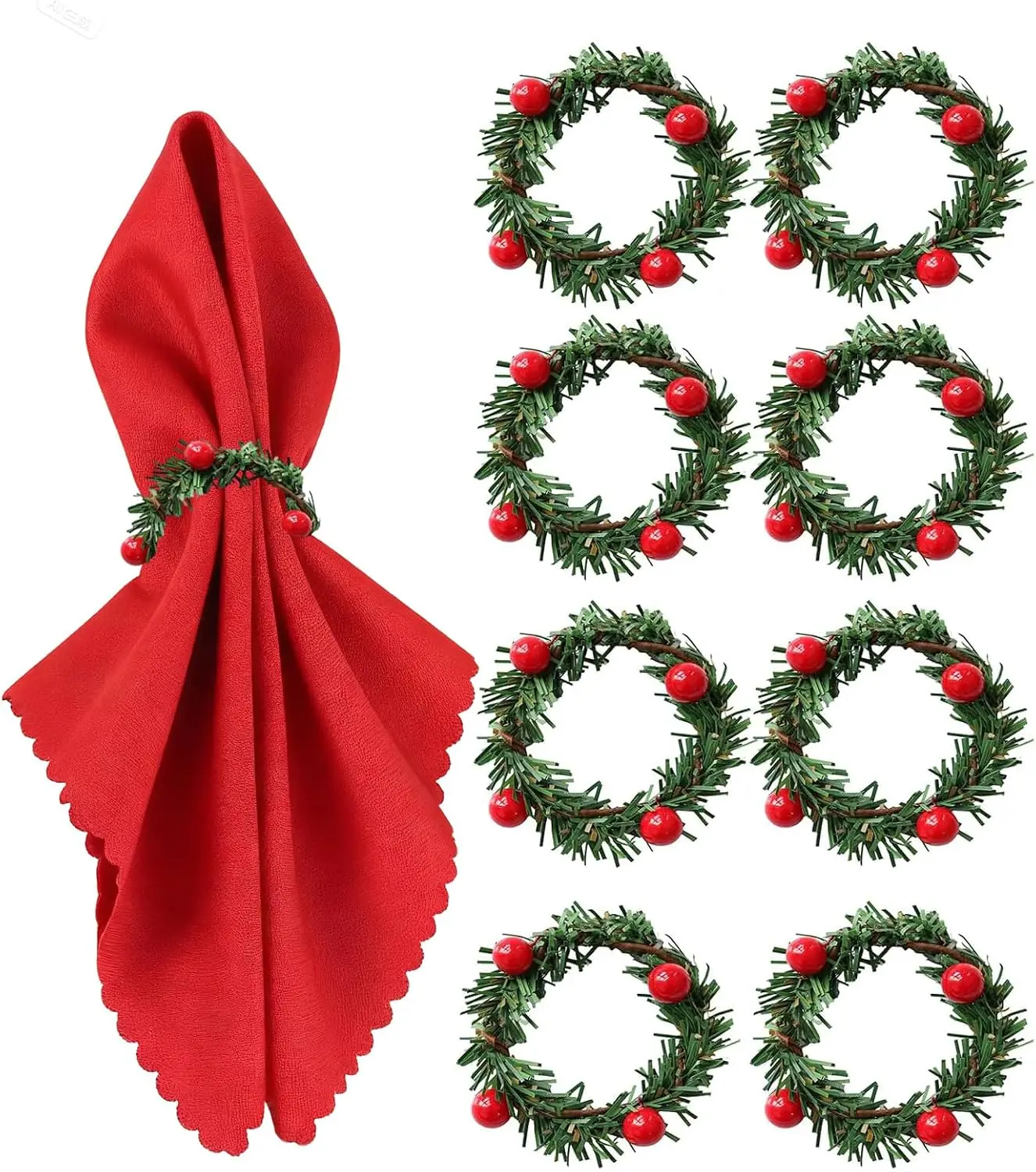 10pcs Christmas Napkin Rings Red Artificial Berry Candle Rings with Grass Mini Christmas Wreath for Banquet Table Decorations
