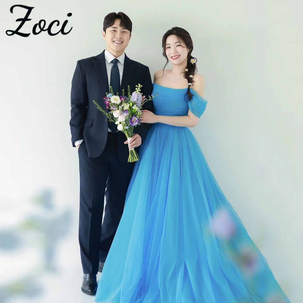 

Zoci Simple Off Shoulder Korea A-line Wedding Dresses Fairy Tulle Blue Performance Gown Customized Korea Photo Shoot Dress 웨딩드레스