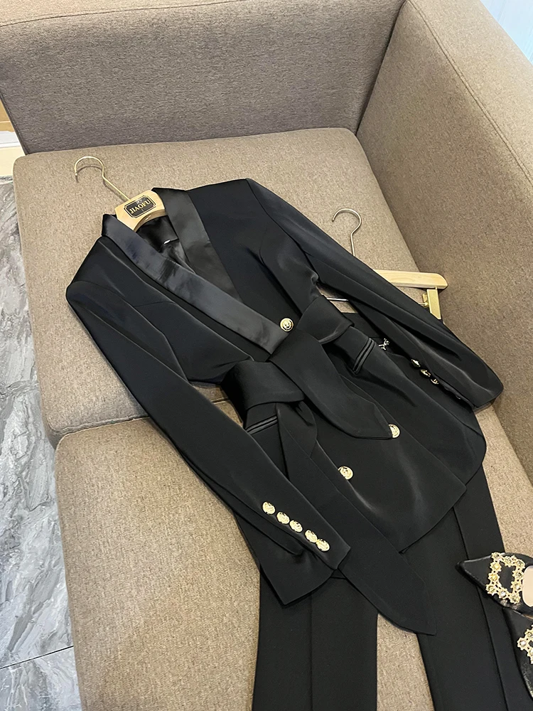 

Двубортный костюм металлик Jaet с поясом Celebri Sle Long Sve Slim Fit для поездок на работу и ветер для женщин, чистый цвет A6744