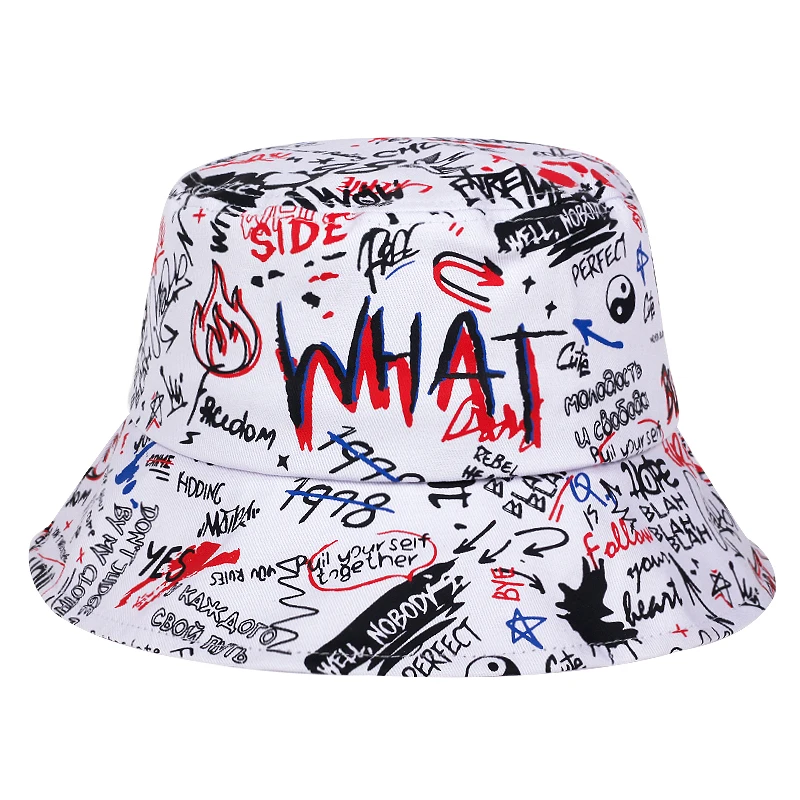 Unisex What Graffiti Printing Personality Bucket Hats Fishermen Caps Outdoor Casual Cap Sunscreen Hat