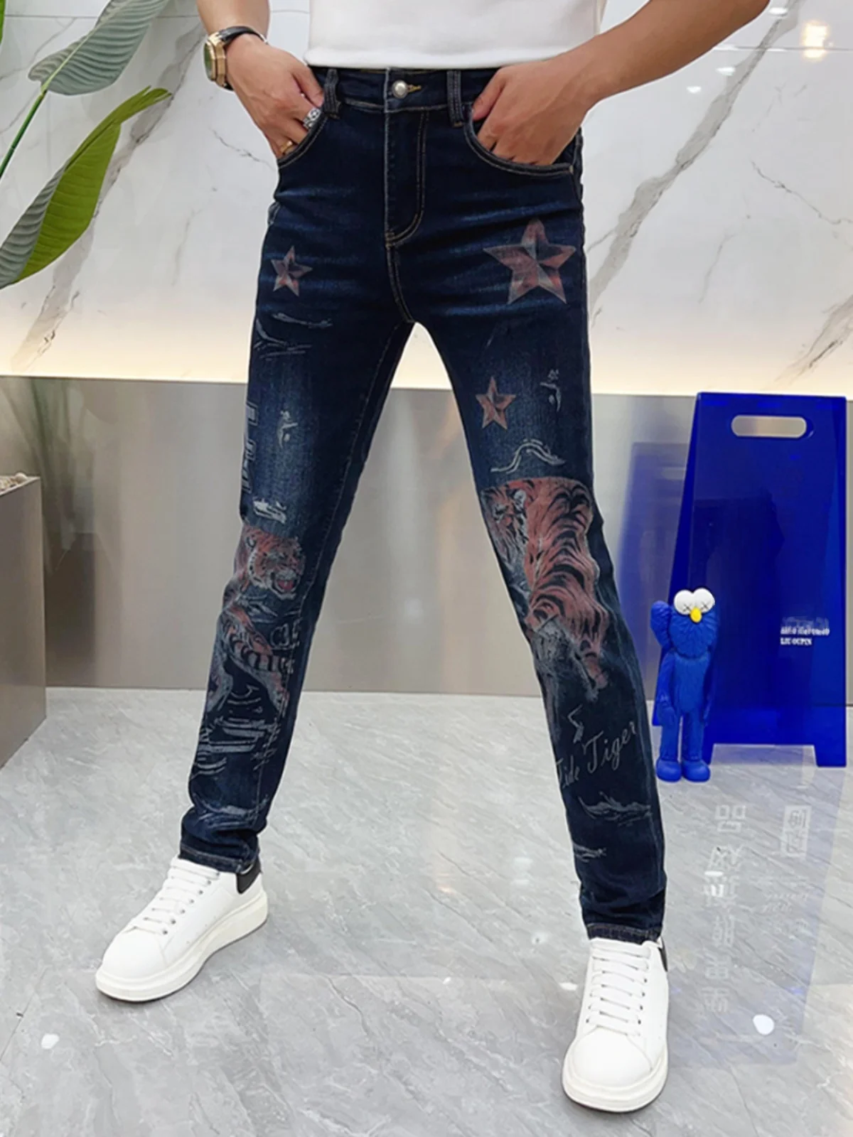 

Men's Slim Fit Casual Printed Denim Jeans Elastic Straight Leg Long Trousers Autumn Faion Trend Youth Breathable Comfortable