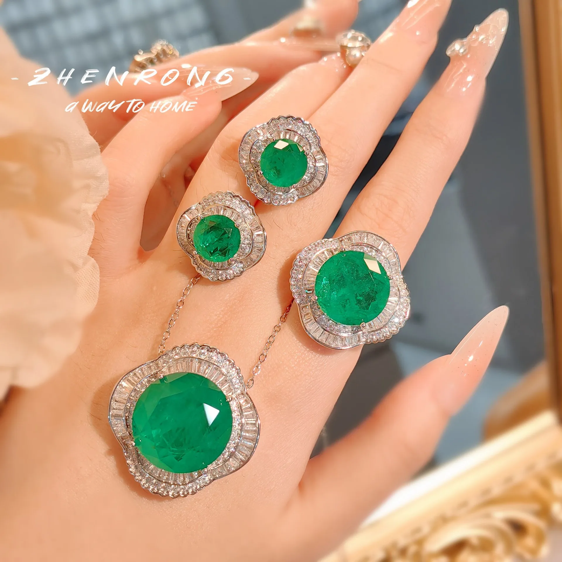 Exquisite Round Cut Tourmaline Emerald Jewelry Sets Luxury Platinum Plating Round Shape Retro Ring Earring Necklace Accessories