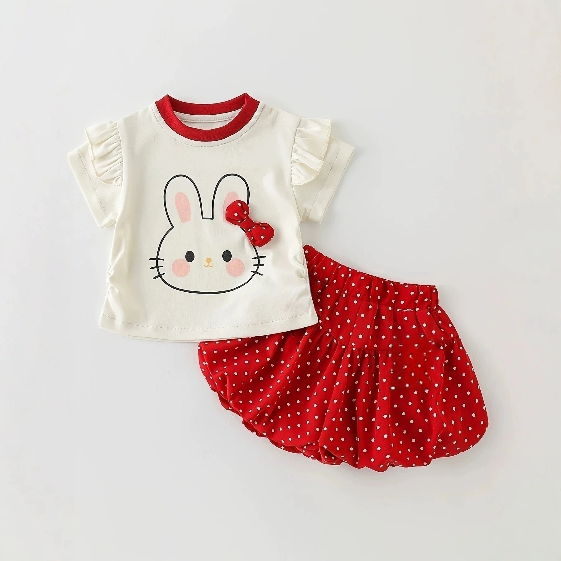 Baby Girls Summer 2Pcs Outfit Cute Cartoon Rabbit Print Ruffle Short Sleeve T-Shirt Red Polka Dot Bloomers Shorts Kids Set