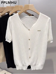 Summer V-neck Knitted Tshirts Women Casual Short Sleeve Ice Silk Knitwear Cardigan Tee New Single-breasted Hollow Out Thin Tops