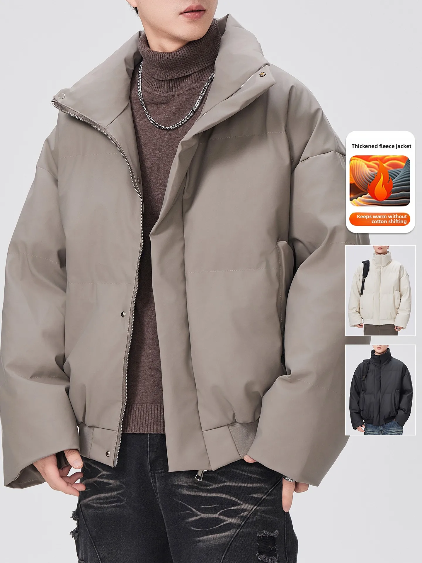 

American Sle ort PU Leather Cotton Jaet Men's Thiened Loose Simple Bread Sle Winter Outerwear Casual Youth Faion