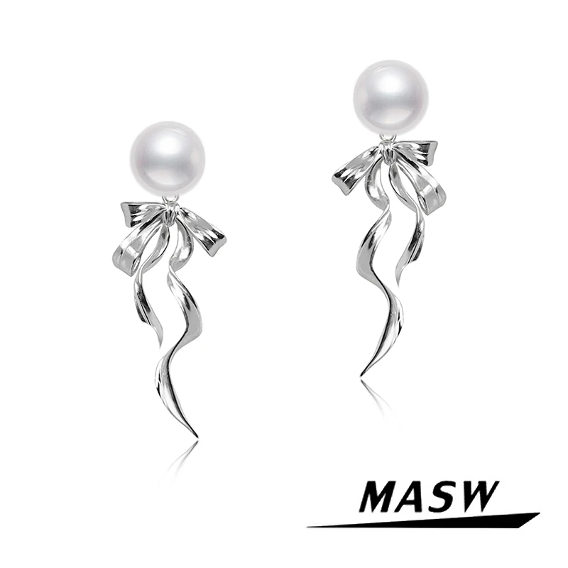 MASW Original Desing Sweet Style Simulated Pearl Bowknot Dangle Earrings For Women Girl Gift Popular Style Fashion Jewelry