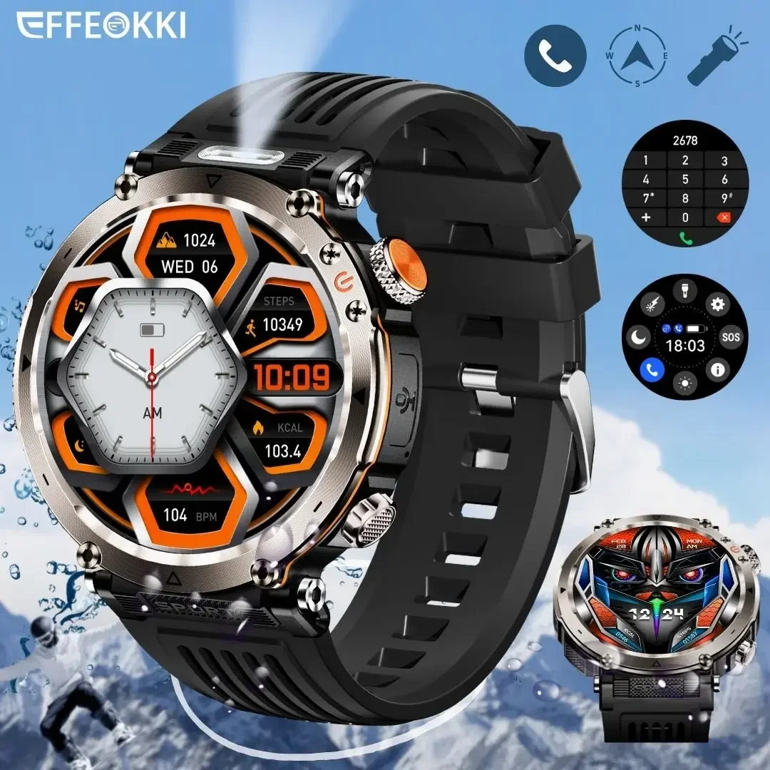 

EFFEOKKI Outdoor Rugged Smart Watch Wireless Calling Fitness Tracker IP68 Waterproof with Flashlight Altitude Monitor Compass