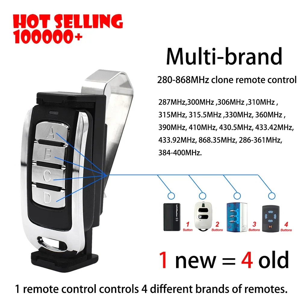 4 em 1 multi-frequência garagem controle remoto, 287-868mhz, clone, 434.42mhz, 868.35mhz, 433.92, transmissor chaveiro