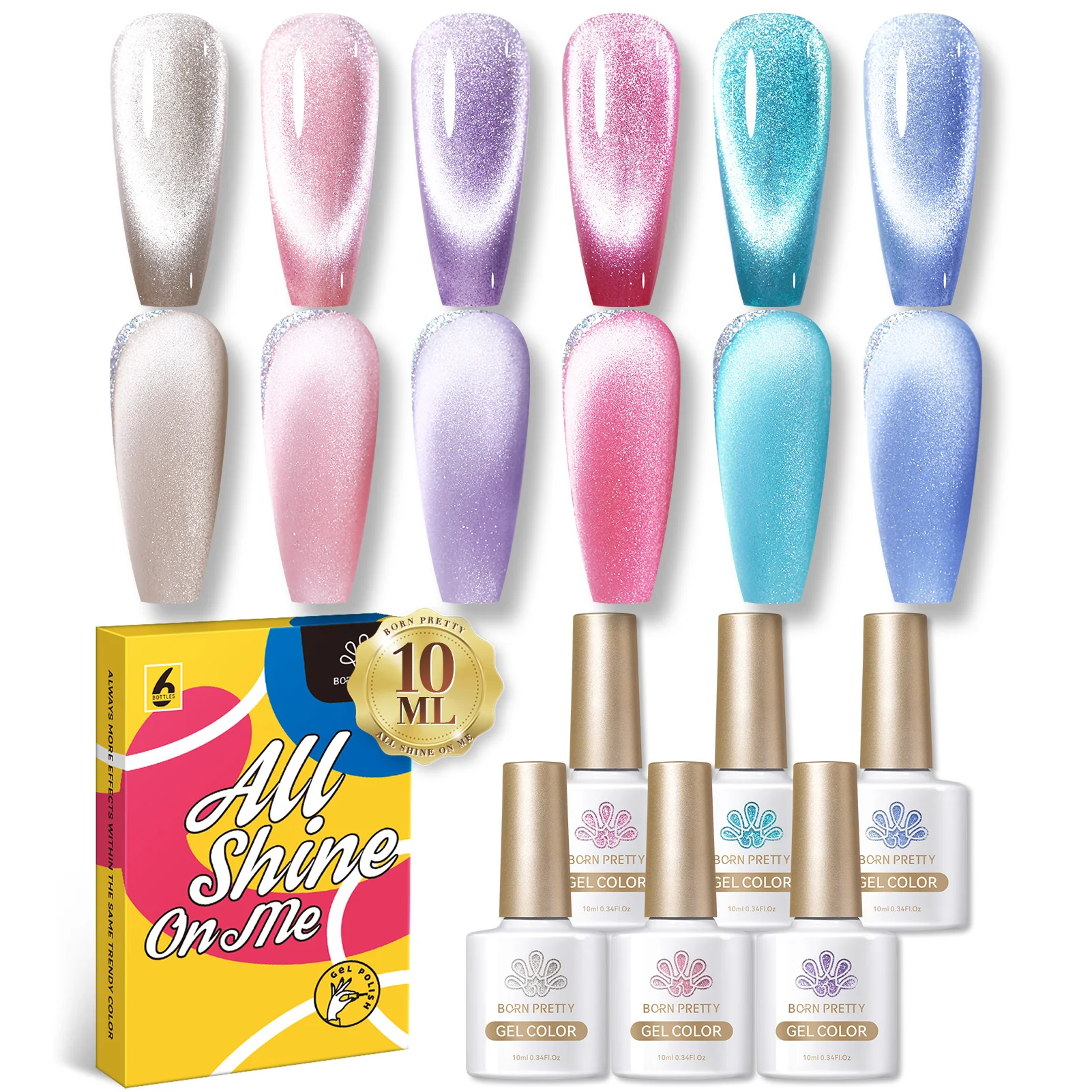 NASCIDO PRETTY-Conjunto de esmalte de gel magnético, espumante, brilho, gato, azul, rosa, roxo, arco-íris, mergulhe fora, arte, verniz, 6pcs