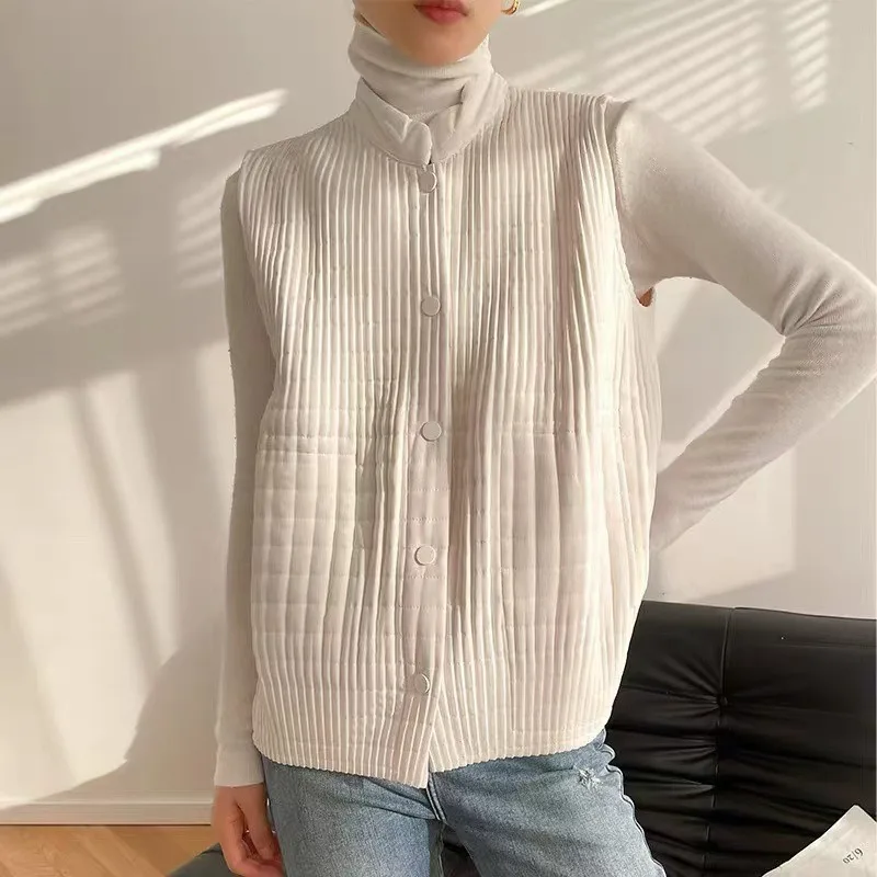 Miyake Pleated Vest 2026 Autumn New Solid Sleeveless Stand Collar Handmade Pleats Cotton Vest Commuting Versatile Women's Vest