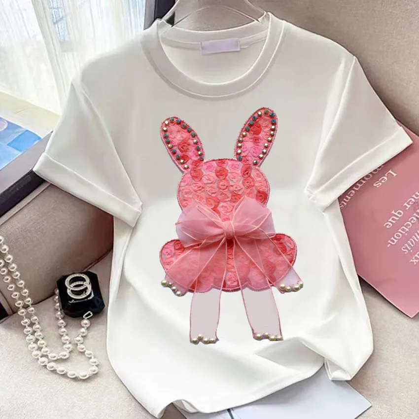 Buckle Pink Bear Beading T-shirt Heavy Handmade Diomand Shiny Bowknot Embroidery T Shirt Summer Tees Top Accessories Clothes