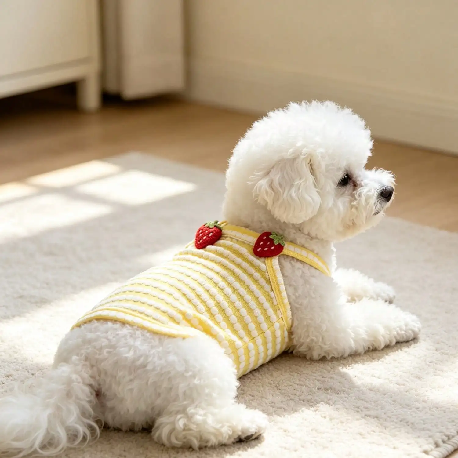 1 Stück gestreiftes Strick-Hundetanktop mit 3D-Frucht-Blumen-Ornament, atmungsaktive Welpenweste für kleine Hunde – Detail 20