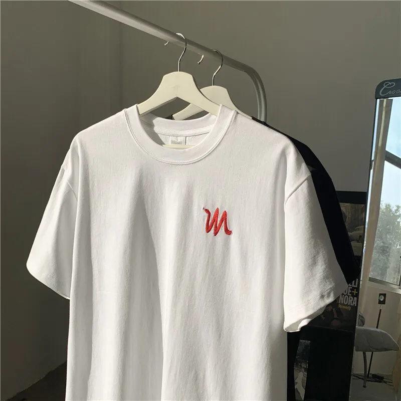 

Summer New 300g 100% Cotton Fabric T-shirt Men High Quality Embroidery Solid Color Short Sleeve Loose Tshirts Oversize Top Tees