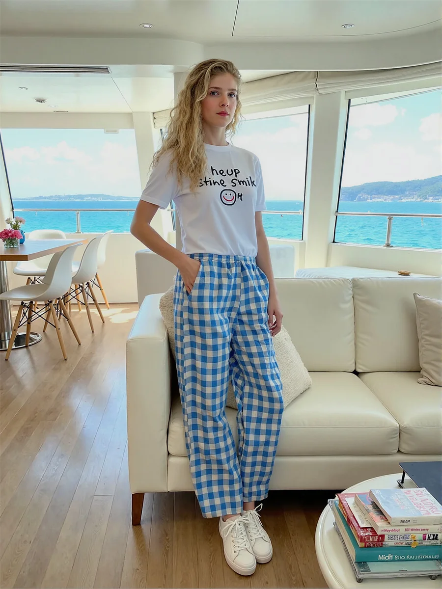 Calças femininas de tamanho grande, azul, rosa, xadrez, elegante, trabalho, traje de negócios, formal, profissional, slim fit, calças para mulheres