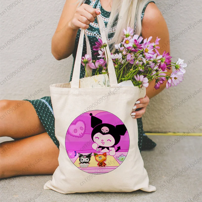 

Sanrio Kuromi Baku Witch DIY Craft Graphic Shopping Bags Canvas Tote Bag Mom Reusable Cloth Harajuku Bag Handbag Shoulder Bag