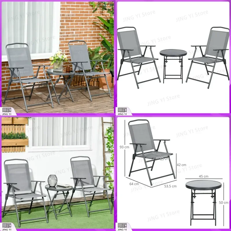 Folding Patio Bistro Set Outdoor Chairs and Coffee Table for Balcony Garden Yard Deck Grey Aluminum Steel