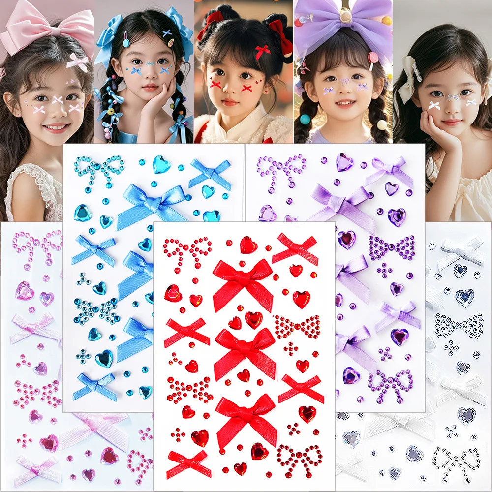 

Розовый, красный бант, сердце, стразы, наклейки, самоклеящиеся наклейки для лица, глаз, макияж, драгоценные камни, водонепроницаемые вечерние, сценические, косплей, украшения для дизайна ногтей