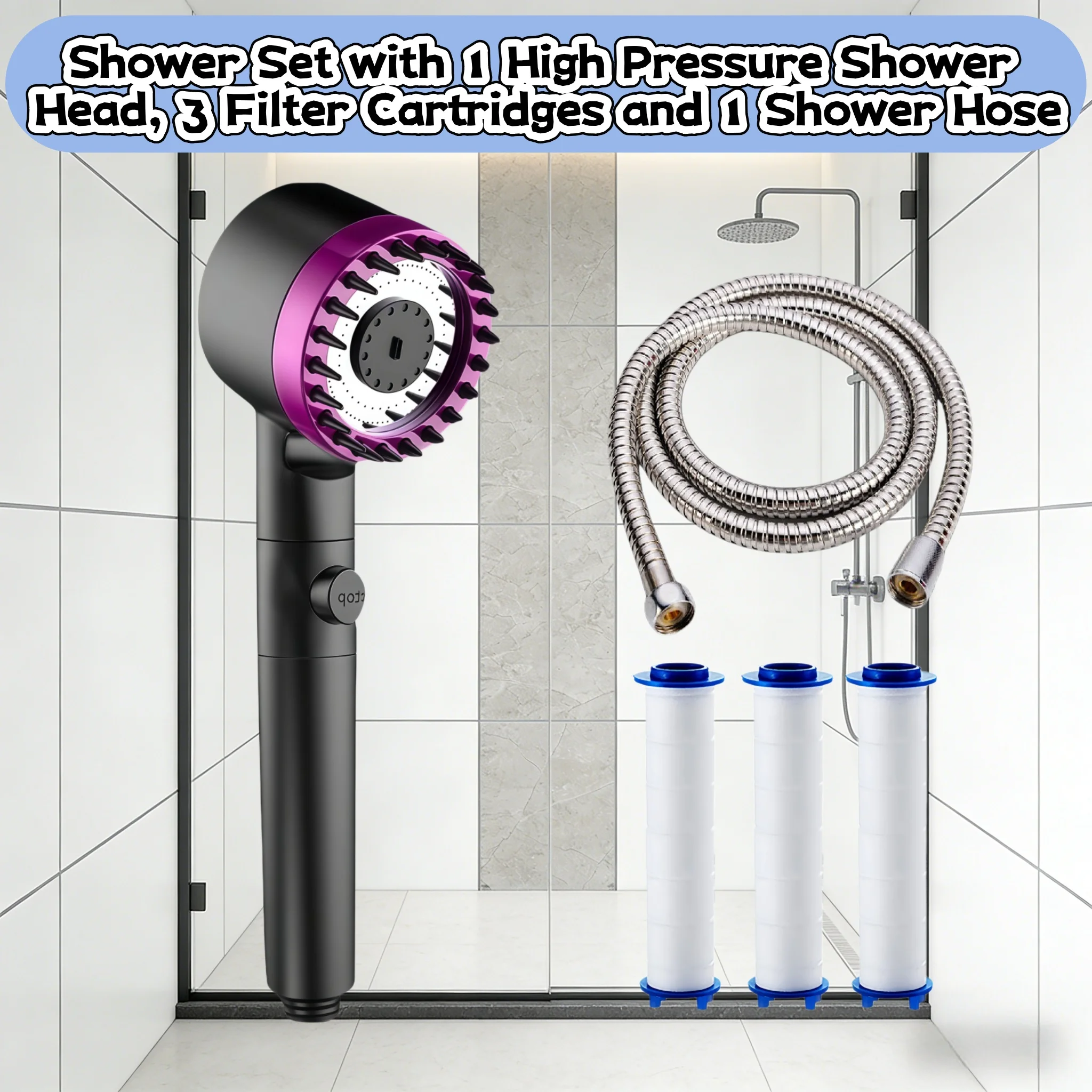 

Набор из 5 черных и фиолетовых душевых леек высокого давления с экономией воды, 3 режима, регулируемая остановка воды одной кнопкой, 3 фильтра, душевой шланг 59 дюймов