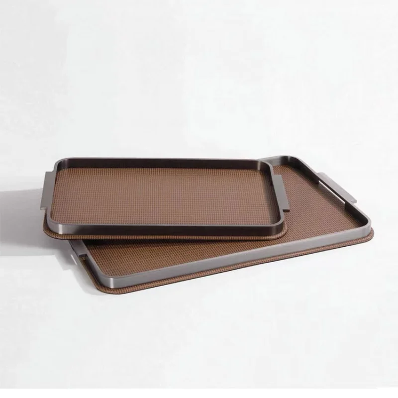 

Modern light luxury leather metal tray model room, living room coffee table dining table, study desktop storage decoration