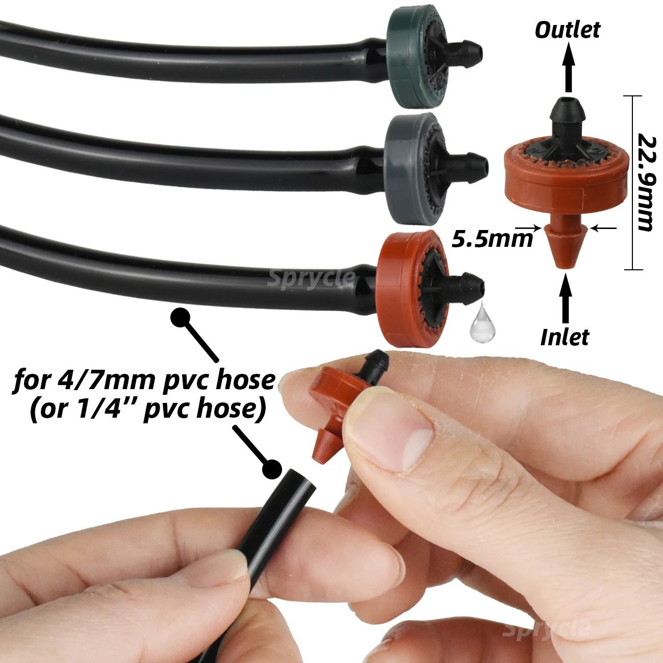 SPRYCLE 200PCS 2L 4L 8L/H Pressure Compensating Drip Irrigation Emitter Dripper Garden Watering 4/7MM 1/4INCH PE Hose Greenhouse