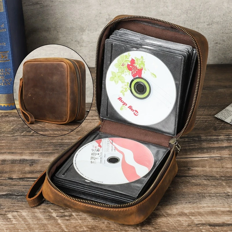 

Retro Crazy Horse Leather CD Disc Storage Box 56 Car Leather CD Bag with Wrist Portable Disc Case