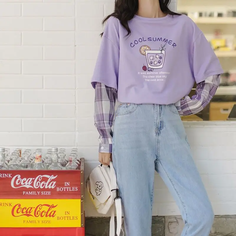 2023 Autumn Thin Splice Fake Two Piece Light Purple Long Sleeve T-shirts New Korean Version Loose Versatile Student Top