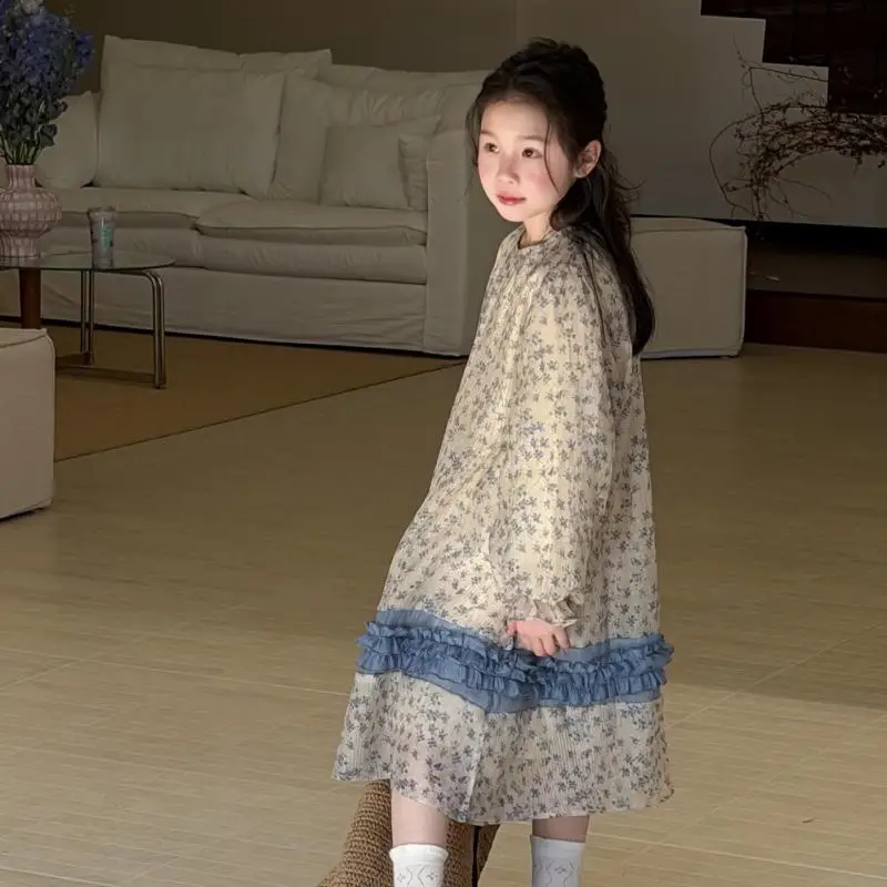 

2026 Spring New Girls Long Sleeve Floral Dress Cotton Children Casual Dress Baby Girl Splicing Lace Princess Dress Kids Clothes