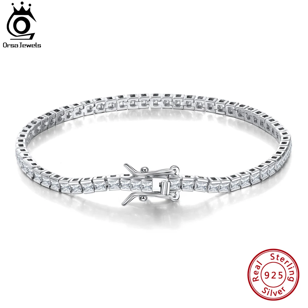 

ORSA JEWELS 925 Sterling Silver 2mm Tennis Bracelet for Women Fashion Princess Cut CZ Bazel Setting Chain Bracelet Jewelry SB144